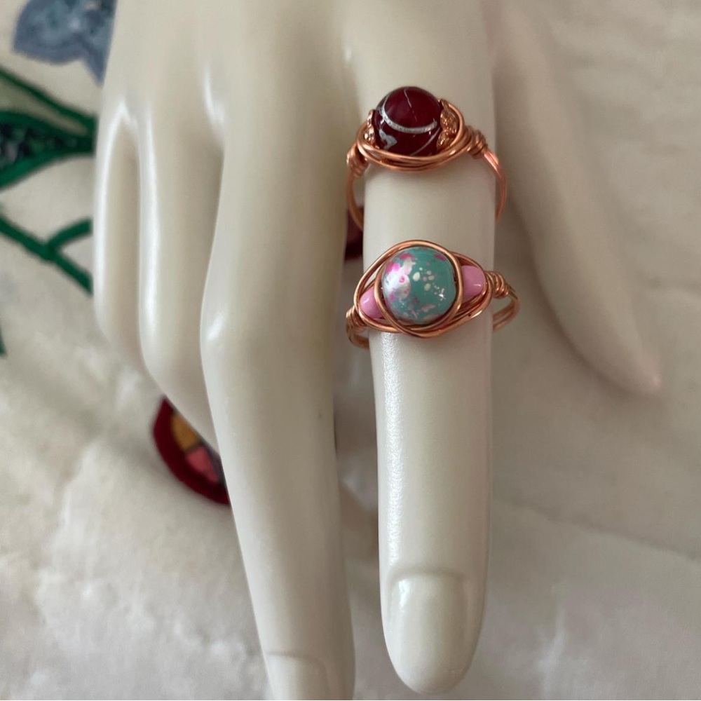 New Handmade Wire Wrapped Rings Pair Size 9 Beaded Accents